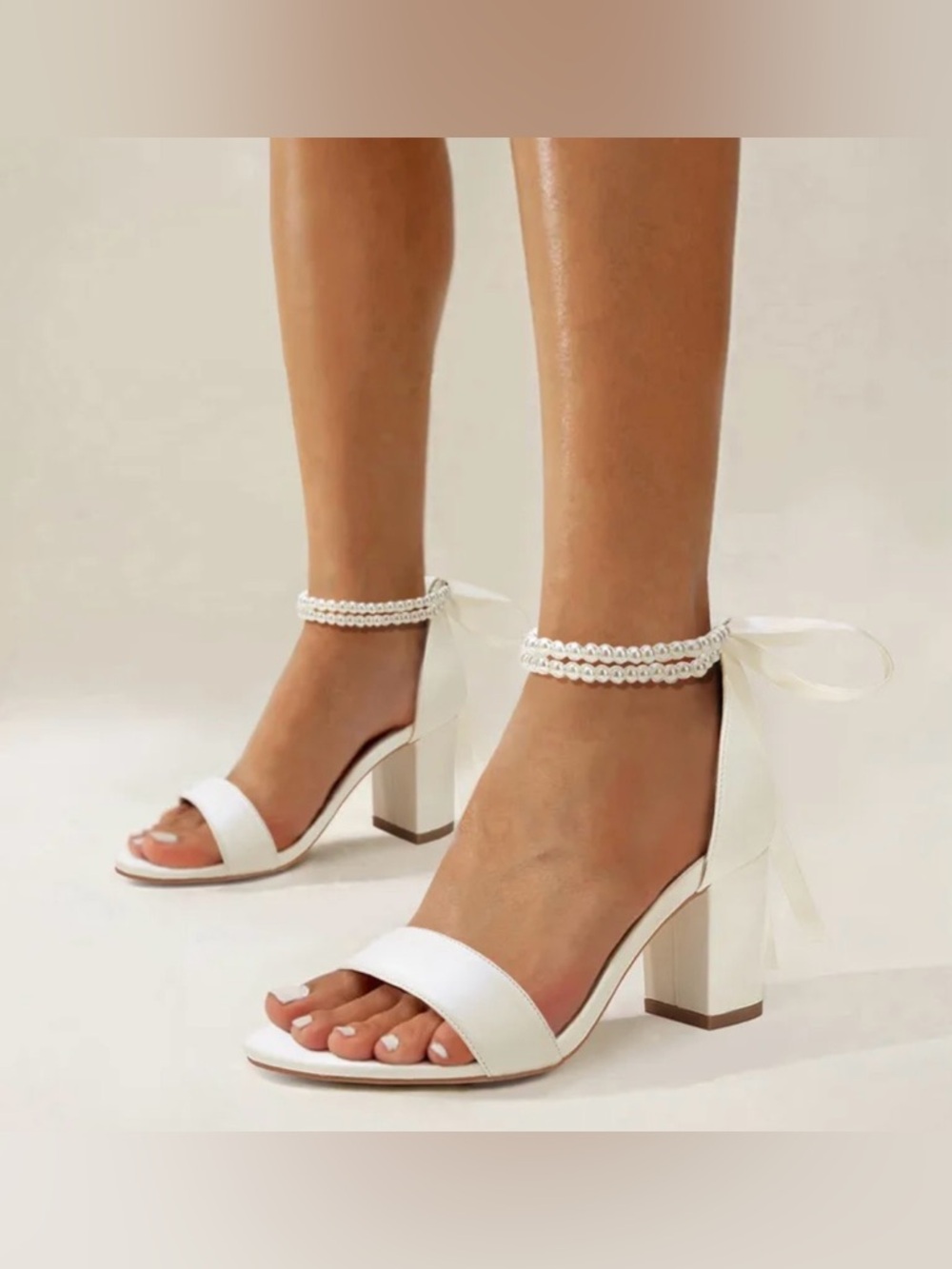 Bridal white satin block heel wedding sandals pearl ankle strap ribbon bow 6